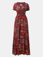 Load image into Gallery viewer, Full Size Smocked Printed V-Neck Short Sleeve Dress