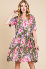 Load image into Gallery viewer, BOMBOM Flower Print V-Neck Ruched Dress