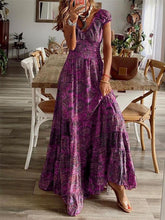 Load image into Gallery viewer, Full Size Smocked Printed V-Neck Short Sleeve Dress