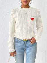 Load image into Gallery viewer, Cable-Knit Heart Round Neck Long Sleeve Sweater