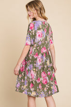 Load image into Gallery viewer, BOMBOM Flower Print V-Neck Ruched Dress