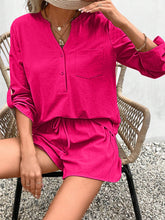 Load image into Gallery viewer, Notched Long Sleeve Top and Shorts Set