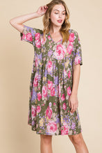 Load image into Gallery viewer, BOMBOM Flower Print V-Neck Ruched Dress