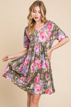Load image into Gallery viewer, BOMBOM Flower Print V-Neck Ruched Dress
