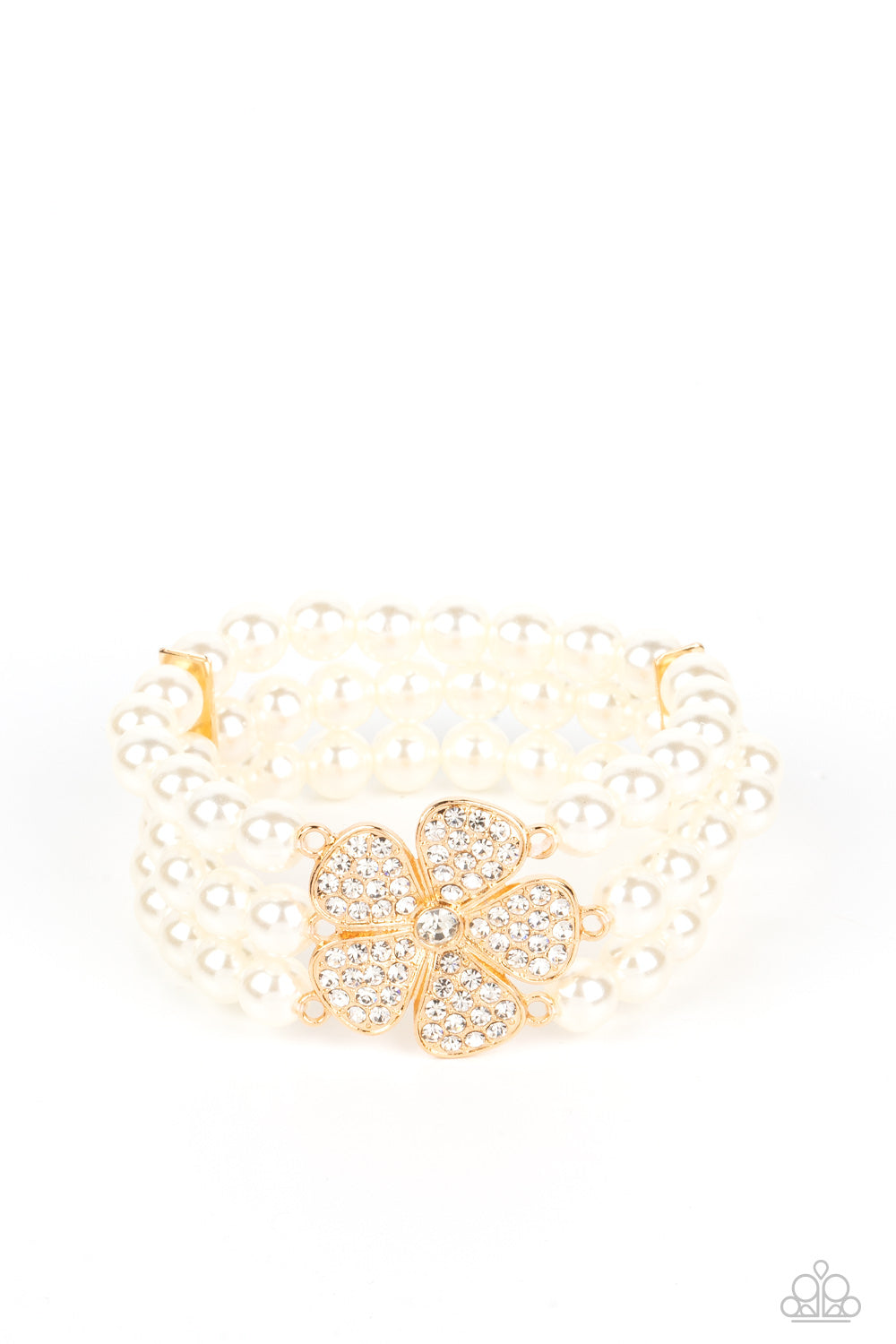 PAPARAZZI | Park Avenue Orchard - Gold | PEARL 3 STRAND STRETCHY BRACELET WITH FLOWER BLOOM ENCRUSTED