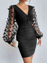 Load image into Gallery viewer, Butterfly Applique Lantern Sleeve V-Neck Mini Dress