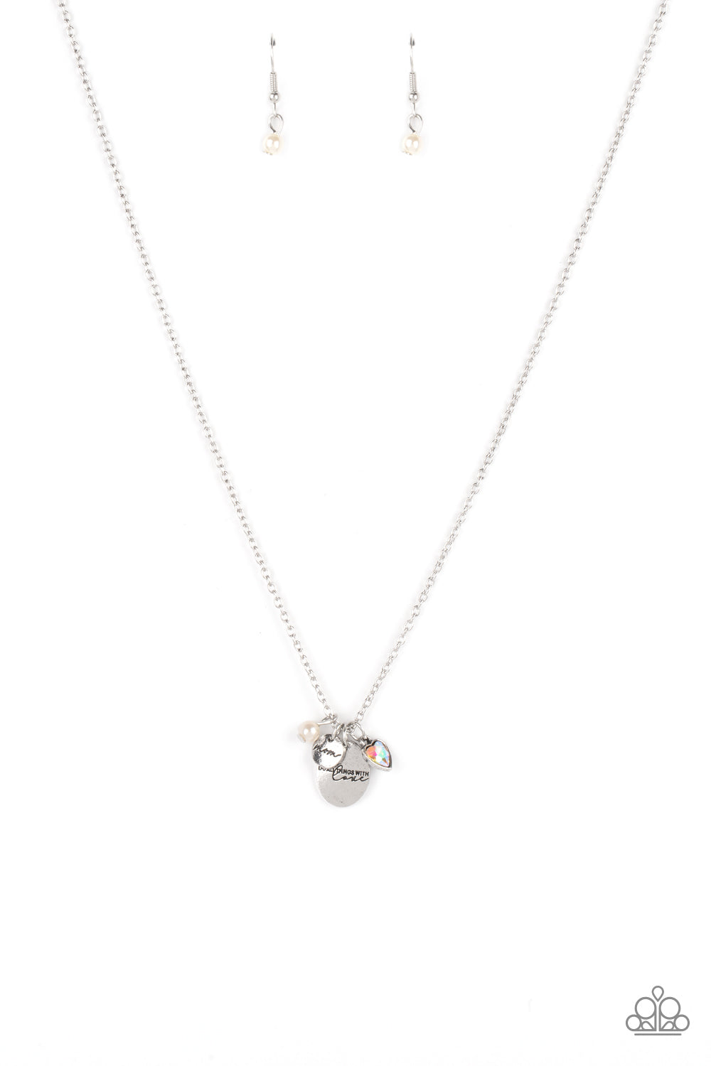 PAPARAZZI | Super Mom - White | Stamped silver disc | Iridescent Heart Necklace