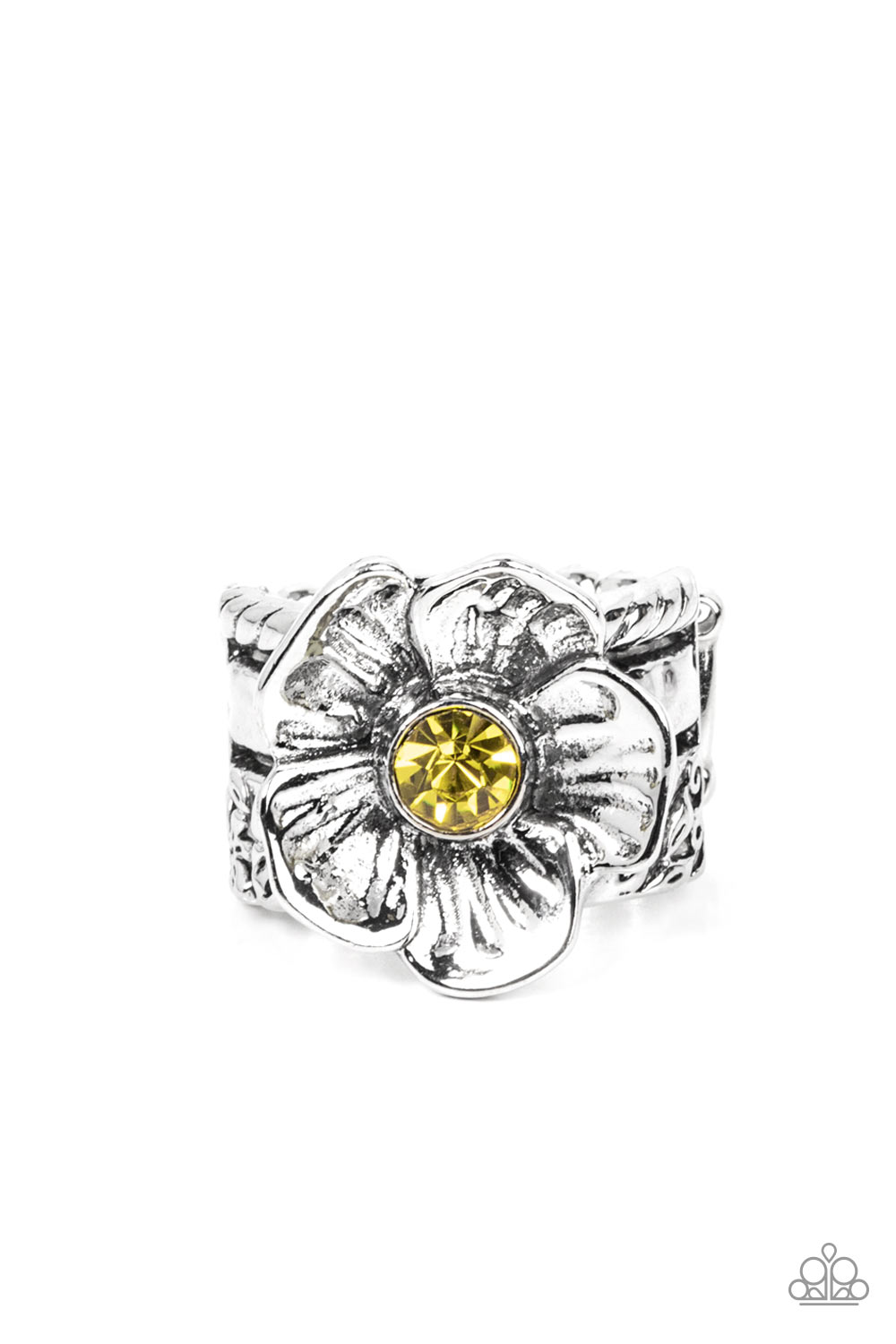 PAPARAZZI | Prismatically Petunia - Yellow | Textured Petal Silver Ring